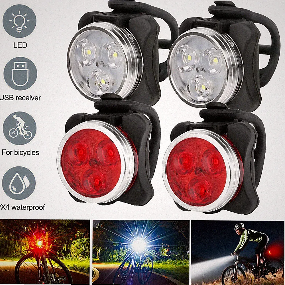 2 Set USB Rechargeable LED Bicycle Headlight Bike Rear Lamp Cycling Light