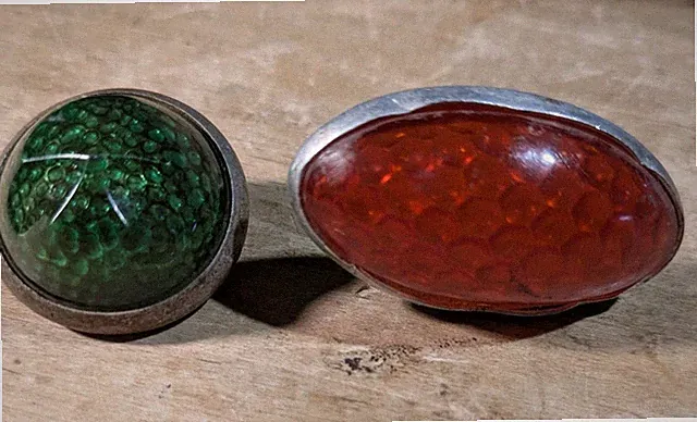 2 Vintage Bicycle Reflector Red. Green, Oblong And Round