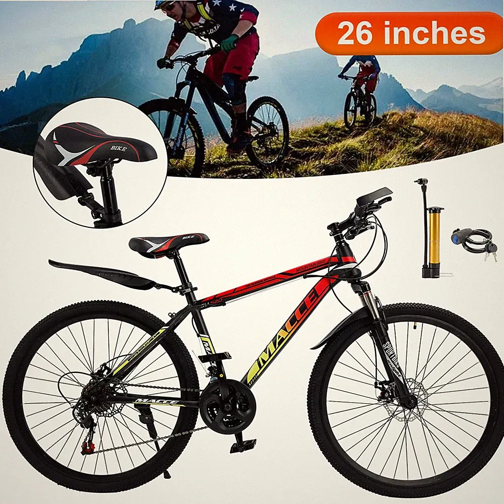 26" Spoke Wheel 24 Speed Mountain Bicycle Adult Bike MTB w/ fender Red+Yellow E4