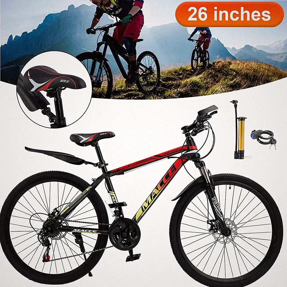 26" Spoke Wheel 24Speed Mountain Bicycle Adult Bike MTB w/ fender Red+Yellow B9