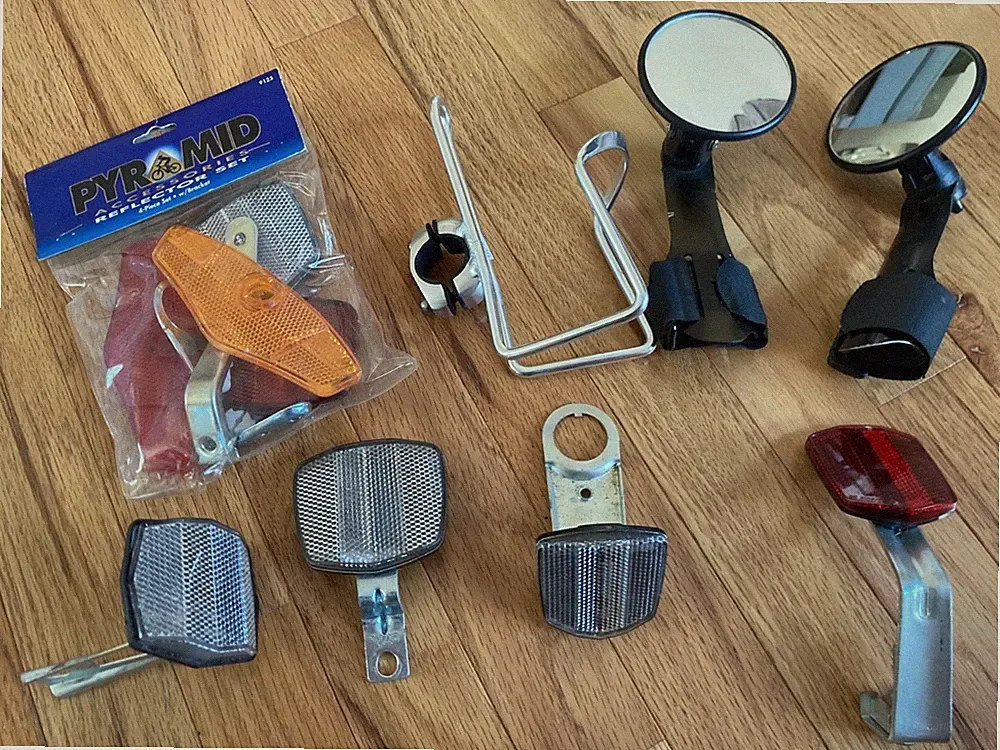 Lot of bicycle commuter recumbent parts - reflectors, mirrors, bottle cage