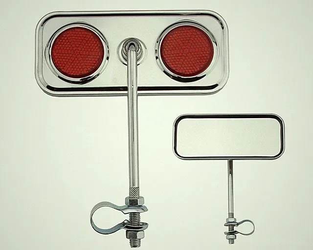 Rectangle Bicycle Bike Mirror Chrome with Red Reflectors.