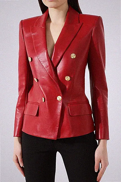Red Women's Blazer Formal Genuine Lambskin Leather Handmade Designer Stylish Fit