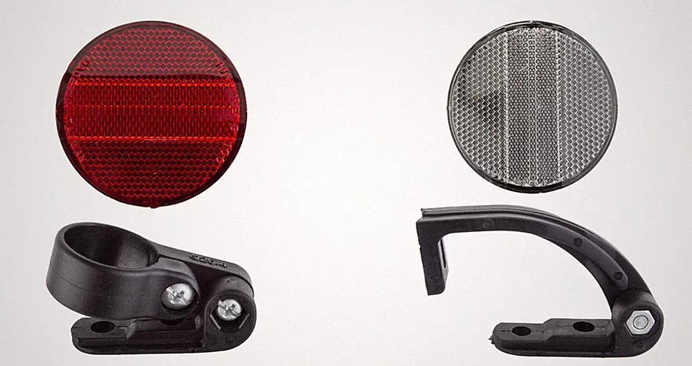 SET BICYCLE FRONT & REAR MOUNTED REFLECTORS 3" DIAMETER RED/WHITE W/BRACKETS