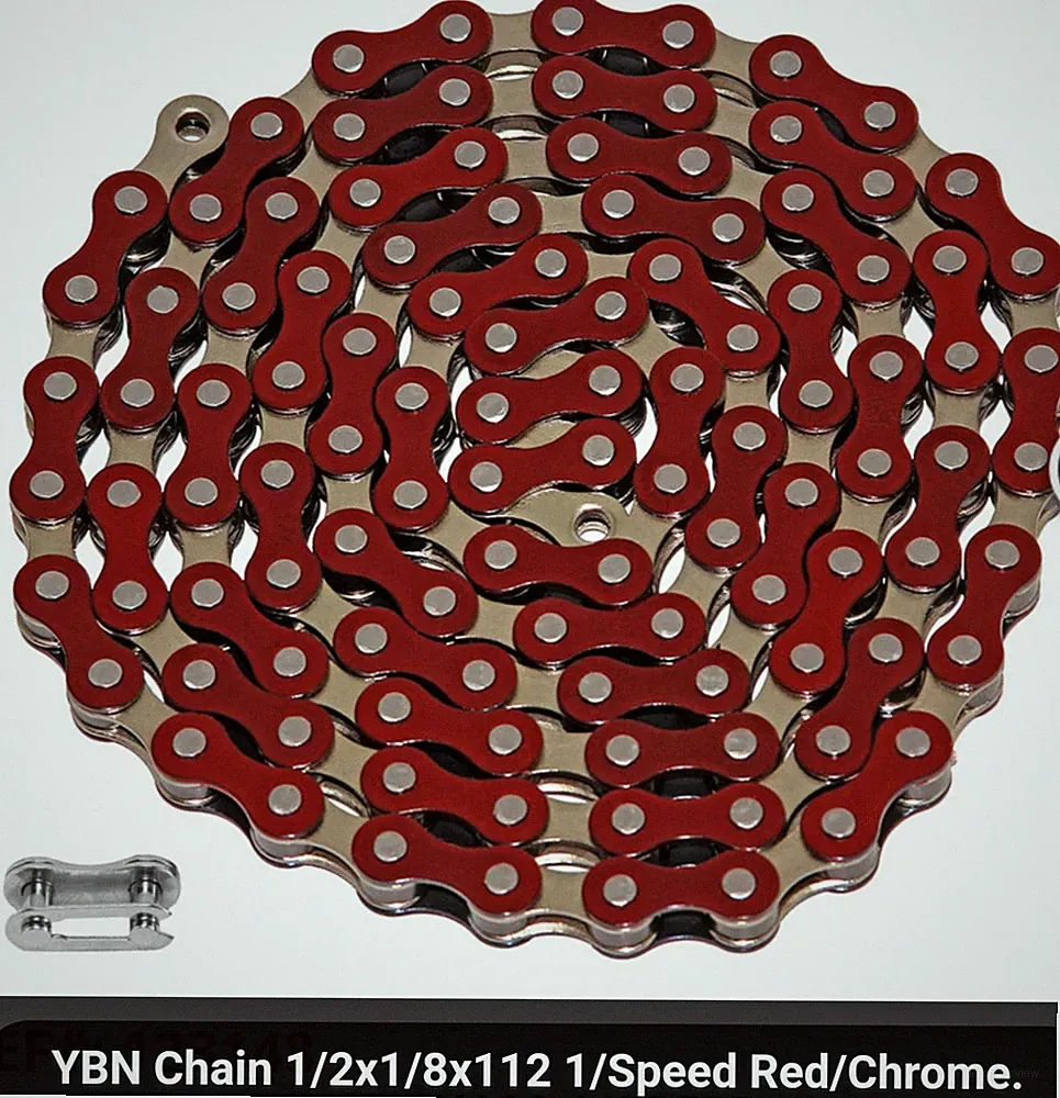 SINGLE SPEED BICYCLE CHAIN RED &CHROME 1/2"X1/8"X 112,CRUISER,BMX(most colors)