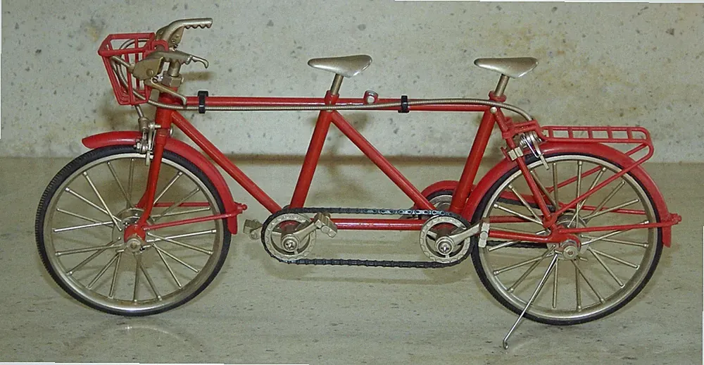Vintage Miniature Red Toy Tandem Bicycle 10" Metal Bike with Working Brakes